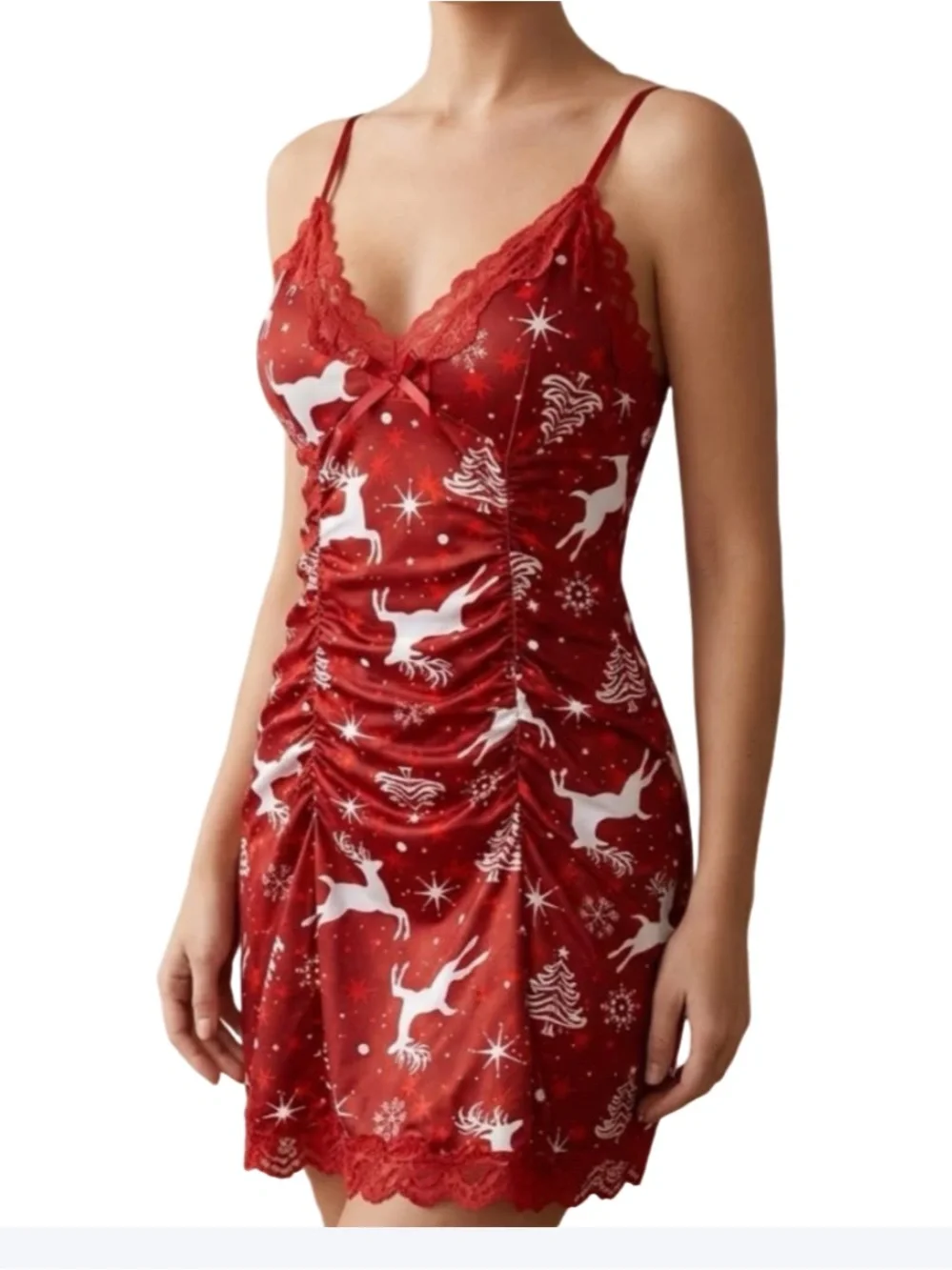 Avidlove NWT Red Christmas Themed Reindeer Tree Peint Lace Trim Chemise Lingerie